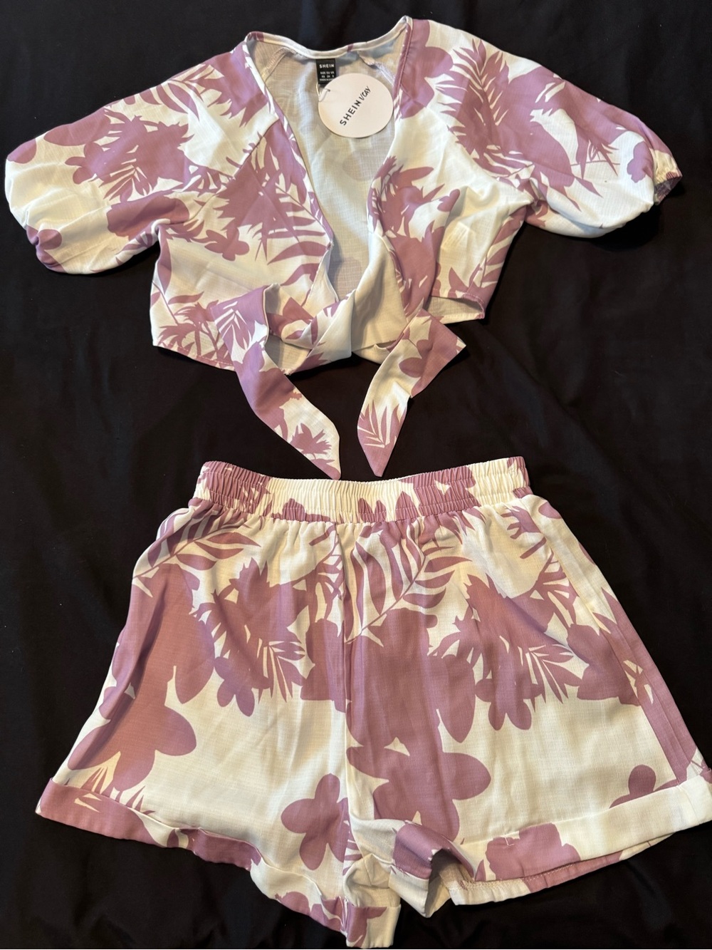 SHEIN Lavender Floral Tie-Front Crop Top & Shorts Set
